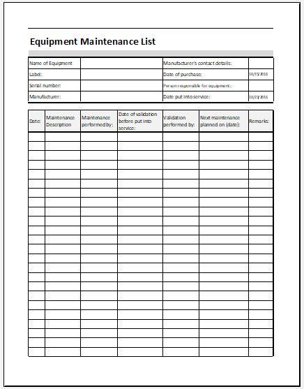 Equipment Maintenance Checklist Template for Excel Excel Templates