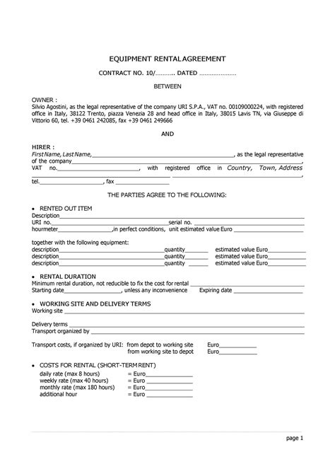 Equipment Rental And Lease Sample Form Free Download