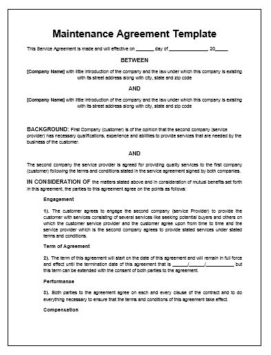 Equipment Service Repair Program Contract
