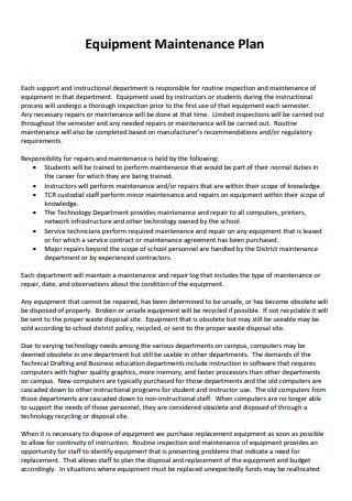 Equipment maintenance plan template.  Starts with checking operation, ...