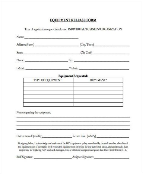 Equipment release form sample in Word and Pdf formats