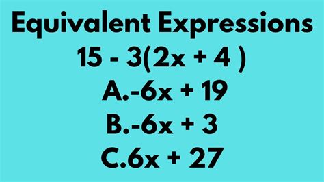Equivalent expression calculator. Step-by-step explanation: In this question we have been asked the equivalent expressions. We take the second expression. -. We can rewrite this expression as. I have flipped first and second terms of the original expression. This changed expression is same as 4th expression given in the question. Therefore, 2nd and 4th expressions are equivalent. 