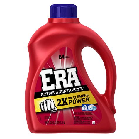 Era detergent. Detergent, Active Stainfighter. 96 loads (This package contains 96 loads as measured to bar 1 on the cap). 2X the cleaning power (based on stain removal of 1 dose of Era liquid vs. 2 doses of the leading liquid value brand base variant in a standard top loader washing machines). For both. Safe for use in all machines: top loader and front loader. 