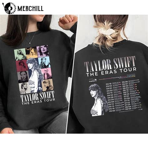 Eras merch taylor swift. Swift sells a variety of T-shirts, sweaters, and hoodies at the Eras Tour, most of which use the tour poster design and come in various colors, with the exception of a long-sleeve T-shirt that ... 