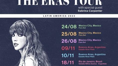 Aug 3, 2023 · She performs along with guest Sabrina Carpenter in Mexico City Aug. 24-27, Buenos Aires Nov. 9-11, Rio de Janeiro Nov. 17-19 and Sao Paulo Nov. 24-26. The tour picks up in 2024 with four shows in ... . 