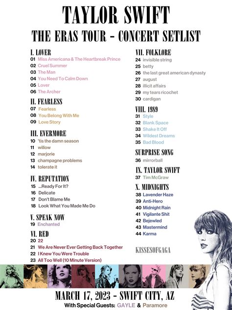 Eras tour movie song list in order. Taylor Swift is adding surprise songs to every Eras tour stop. See the list so far. The feisty songs from "Reputation" represent one of the many "eras" Taylor Swift covers on her new tour, which ... 