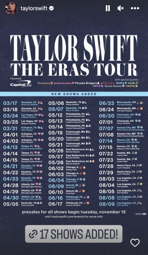 Nov 1, 2022 · See the full list of Eras U.S. tour dates below: March 18 — Glendale, AZ @ State Farm Stadium (Paramore, Gayle) March 25 — Las Vegas, NV @ Allegiant Stadium (beeabadoobee, Gayle) April 1 —... . 