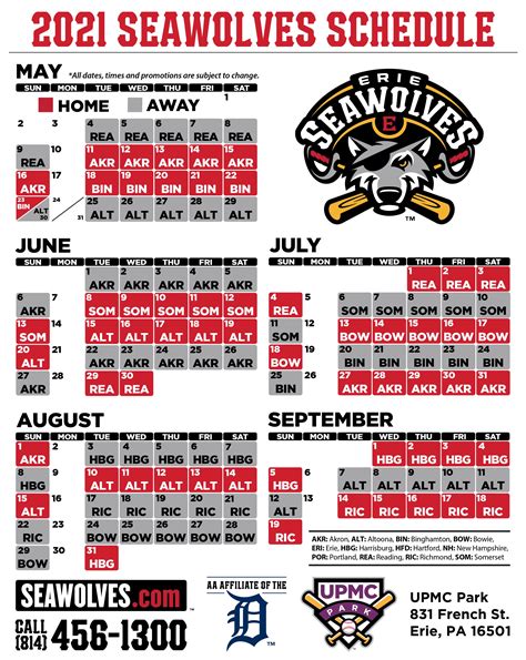 Erie seawolves schedule. Oct 13, 2022 · CLICK HERE TO DOWNLOAD THE 2023 SEAWOLVES SCHEDULE The SeaWolves today release their game dates and opponents for the 2023 season. The SeaWolves will raise their 2022 Southwest Division Champions ... 