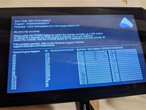Error code 2001-0123. Restart the Nintendo Switch console by holding down the POWER Button for three seconds, then select Power Options followed by Restart. If the console does not respond, hold down the POWER Button for twelve seconds to force it to shut down, then power on the console again. Power cycle your home network, then perform a connection test. 