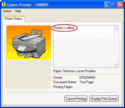 Error message printer is offline