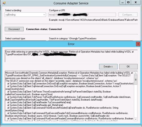 Error while retrieving or generating the WSDL.Adapter message Retrieval of Operation Metadata