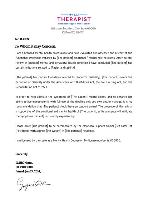 Esa housing letter. The tenant would then submit this letter to their housing provider and request accommodation for their ESA. The housing provider must reply promptly to the request and no later than 10 days from receiving the ESA letter. The housing provider can only deny the tenant’s ESA in limited circumstances (such as if the … 