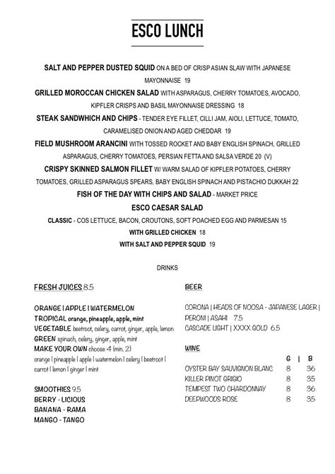 Esco restaurant and tapas menu. 0.2 miles away from Esco Restaurant & Tapas Memphis Shirley M. said "Right when we entered the vibe was calm and fun, we were met by a nice waiter who assisted us. The drinks were amazing all of them were not too sugary or too sour the lemonade is an amazing one. 