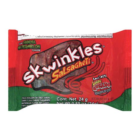 Swinkles is sweet, spicy and sour at the same time and if you love sweet and sour candies, then Skwinkles by Lucas are the perfect candy for you. You'll love the sweet chewy texture of the chamoy candy flavored sticks, covered in delicious chili. Who Can resist the delicious Hot Chamoy Candy strips? Go wild over Skwinkles!. 