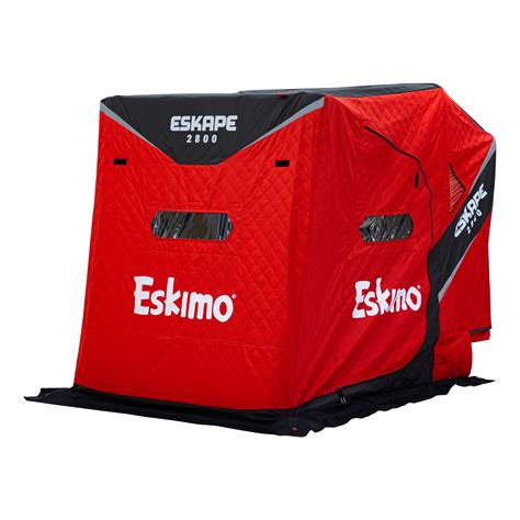 01264203830. Transport your ice shelter with ease with the small and compact Eskimo Eskape 2400 Ice Shelter. This Eskimo Ice shelter features two oversized side doors for easy entry. The 2-person 25.5 sq ft fishable area makes this Eskimo ice shelter a truly compact portable shelter for easy transport and set up.. 