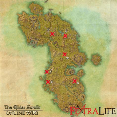 Survey report map locations in Stonefalls zone are indicated on the map below:. X marks the exact location.. "A" indicates Alchemy, "B" is for Blacksmithing, "C" for Clothing, "E" for Enchanting, "J" for Jewelry Crafting, and "W" for Woodworking.. Feel free to share or download our Stonefalls survey report map, but please leave the credits up.. 