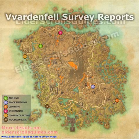 Survey report map locations in Stonefalls zone are indicated on the map below:. X marks the exact location.. “A” indicates Alchemy, “B” is for Blacksmithing, “C” for Clothing, “E” for Enchanting, “J” for Jewelry Crafting, and “W” for Woodworking.. Feel free to share or download our Stonefalls survey report map, but please leave the credits up.. 