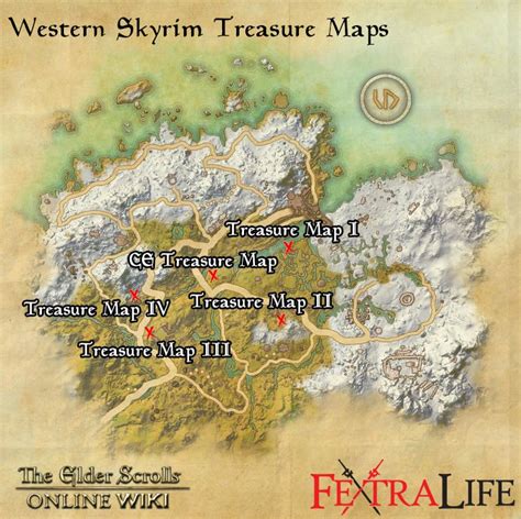 Western Skyrim Treasure Map I - ESO. Western Skyrim Treasure Map I. Type Treasure Map. Western Skyrim Treasure Map I is a treasure map in the Elder Scrolls Online. It points to a location in Western Skyrim where a hidden treasure can be found. . 