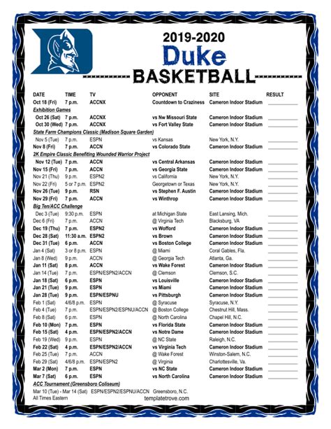 Espn duke basketball schedule. Mar 9, 2023 · The win was Duke's 100th all-time at the Greensboro Coliseum as Duke is now 42-18 in ACC Tournament games at the venue and 100-40 in the venue all-time. Duke's 96 points, 27 assists and .621 field ... 