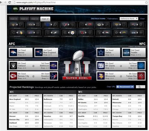Use the NFL Playoff Machine from ESPN to predict the NFL Playoff matchups by generating the various matchup scenarios based on your selections. Week 11; Week 12; Week 13; Week 14; Week 15;