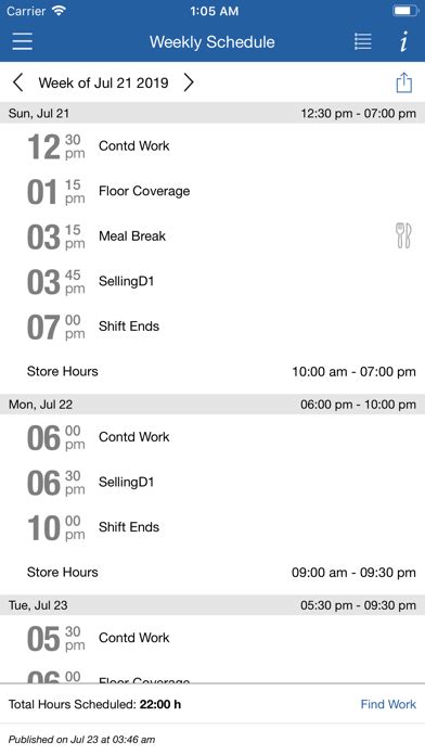 So it will read “:00-4:30pm” instead of 8:00-4:30pm” with no way to scroll. You can only read one day’s schedule at a time, not the whole week. Toggling between days is very slow. It would also be helpful to display the day of the week as well, not just “May 20, 2022” but “Fri May 20,2022”, since employees work on specific days.. 
