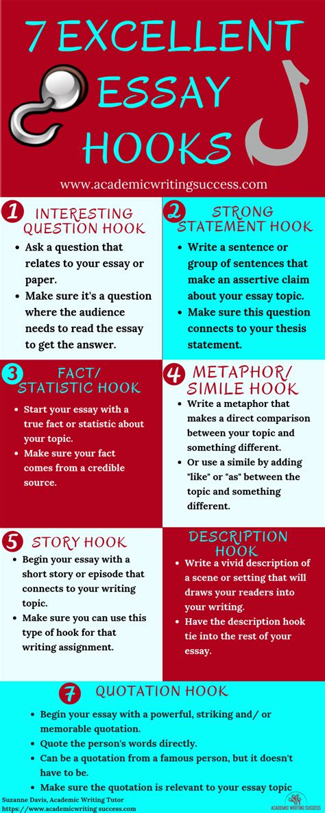 Essay hook examples. Keep it concise and to the point. 2. Don't use clichés: Starting your essay with clichéd phrases or overused quotes can make your introduction feel unoriginal. Instead, aim for a fresh and unique opening line that will pique your reader's interest. 3. Don't be vague: Be clear and precise in your introduction. 