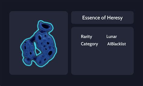 Essence of heresy. What does Essence of heresy do? It's a new lunar item and I can't find online what it does. Does anyone know what it does yet? 9 12 comments Best Add a Comment leproudkebab • 3 yr. ago Just picked it up. Replaces your special with "ruin" WOW. Essentially doing damage puts stacks of this thing ruin on it. 