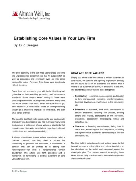 Establishing Core Values for Lawfirm by Eric Seeger