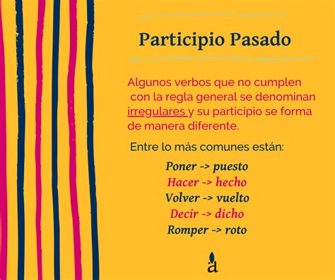 The past participle can be used as an adjective to indicate emotions, states, or conditions. They also need to utilize the verb ESTAR in order to function as adjectives. To form the past participle, you’ll need to add a new ending to [-AR], [-ER], and [-IR] verbs. Note how the ending for [-ER] and [-IR] verbs are the same! There are also .... 