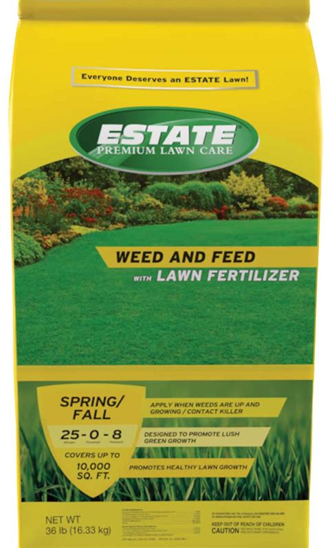 Estate weed and feed. • Early in September (e.g., around Labor Day), fertilize your lawn using a controlled-release or slow-release formulation. For grass growing in the sun, use the label rate of the fertilizer that you have selected. For grass growing in the shade, apply half of the label rate. • Apply an herbicide to your established lawn to control broadleaf ... 