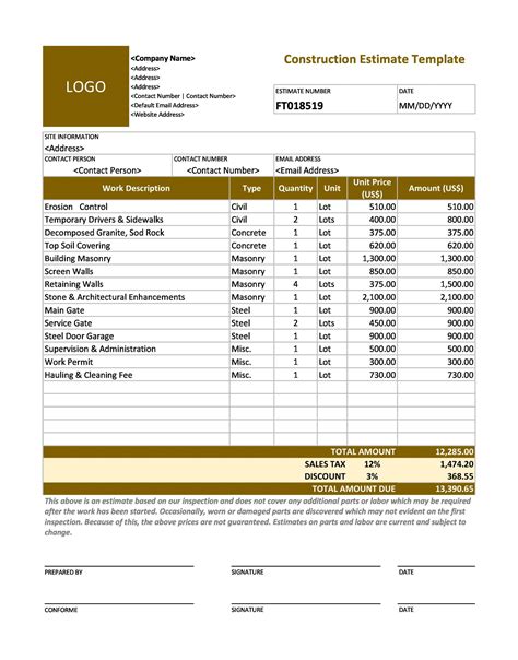 Estimate Template For Contractor