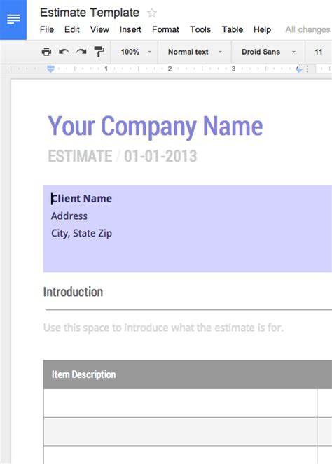 Estimate Template Google Docs Addictionary
