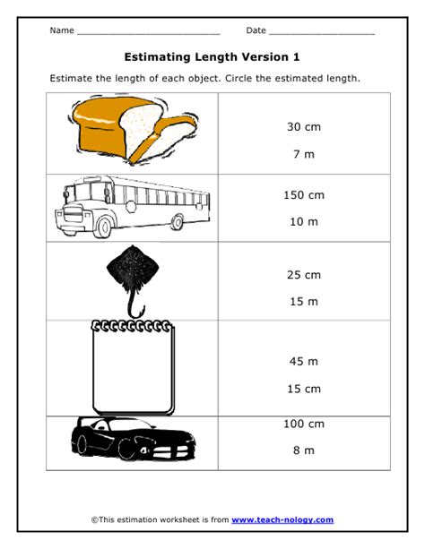 Estimating Length Worksheet