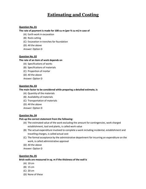 Estimating and Costing MCQ & Online Quiz 2024