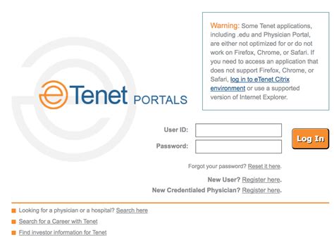 Enter your user name and password to access your Tenet account.. 