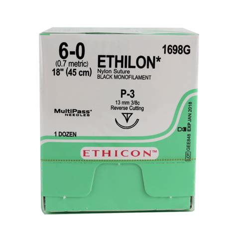 Ethicon Nylon, Monofilament, 6-0, Non-Absorbable, P-3, Black, 18”