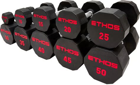 Ethos rubber hex dumbbell. Rubber dumbbells tend to be priced per pound, usually around $2 to $2.50 per pound. Head Shape – Round or Multi-Sided. Rubber dumbbells come in every head shape: round, 6-sided (hex), and even 8 or 12 sided in certain models. The example below are rubber hex dumbbells of particularly high quality. 