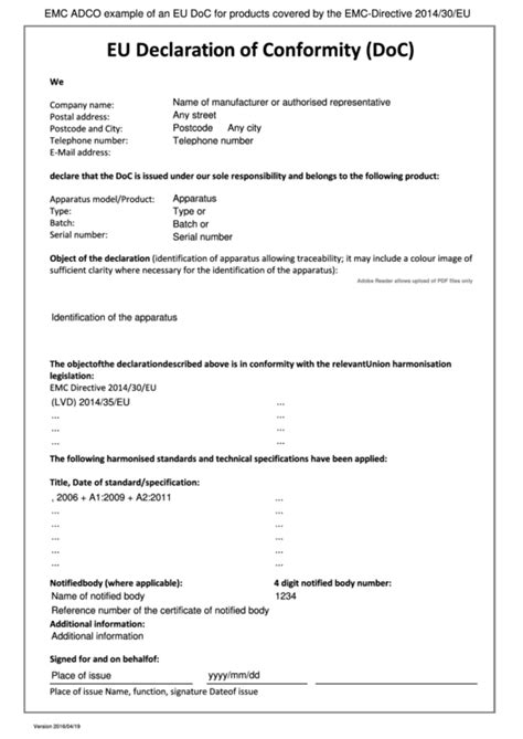 Eu Declaration Of Conformity Template