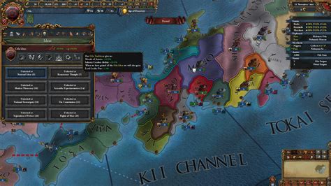 Their ideas are focused on their navy and can support a pirate republic game very well. Without a doubt one of the most unique nations in the game, being Pirate vassals of the Shogun. 5. Ashikaga. (Click for full-size) Ashikaga’s myriad vassal daimyos on the right. They start as the Shogun in control of Kyoto.. 