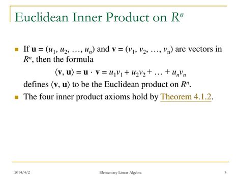 Euclidean inner product formula.  When Chapter 6 Euclidean Spaces 6.  4 day...