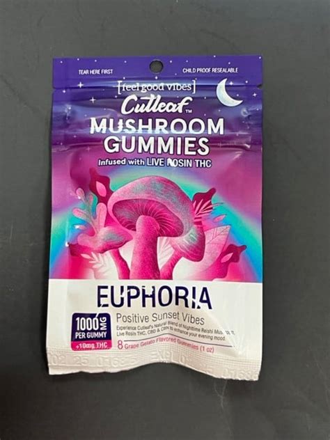 The Cutleaf Euphoria Live Rosin THC Mushroom Gummies are mushroo