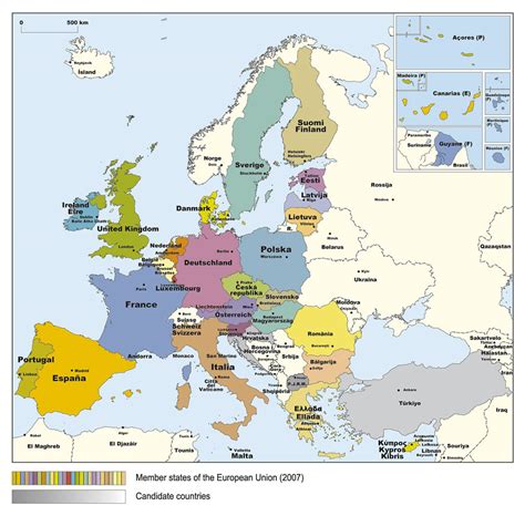Europe state map. Europe is the second-smallest continent. Only Oceania has less landmass. Europe extends from the island nation of Iceland in the west to the Ural Mountains of Russia in the east. Europe's northernmost point is the Svalbard archipelago of Norway, and it reaches as far south as the islands of Greece and Malta. 