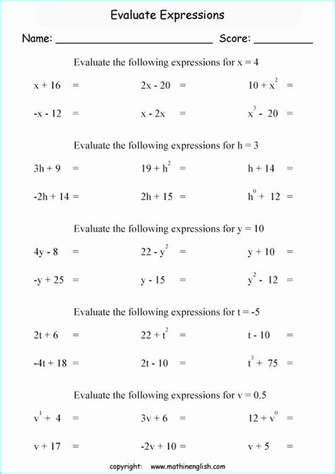 Evaluate Expressions Worksheet Beginner
