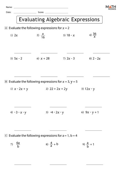 Evaluating Algebraic Expression Worksheet