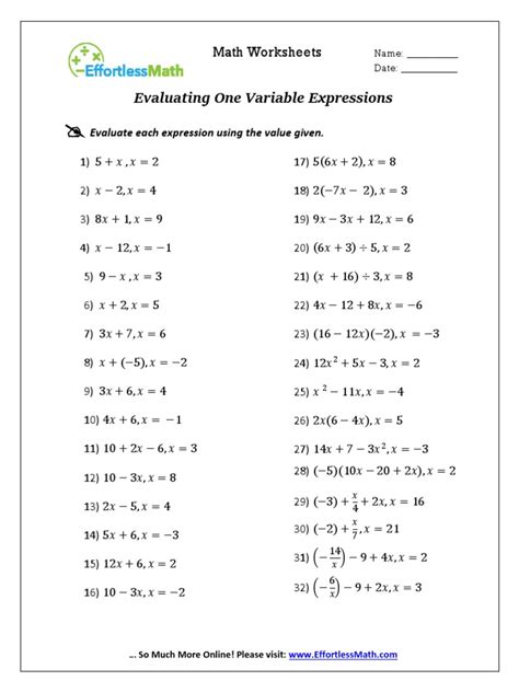 Evaluating Algebraic Expressions With One Variable Worksheet