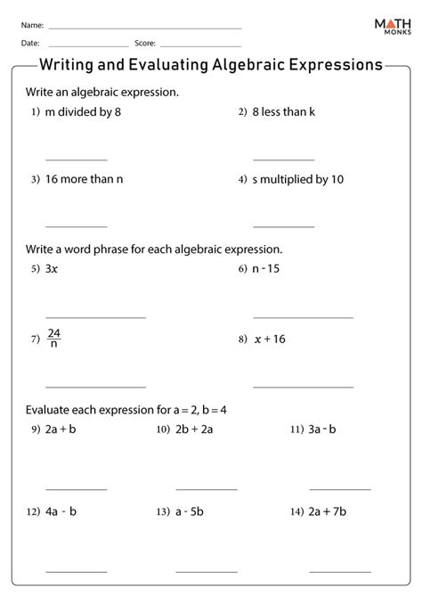 Evaluating Algebraic Expressions Worksheets Math Monks