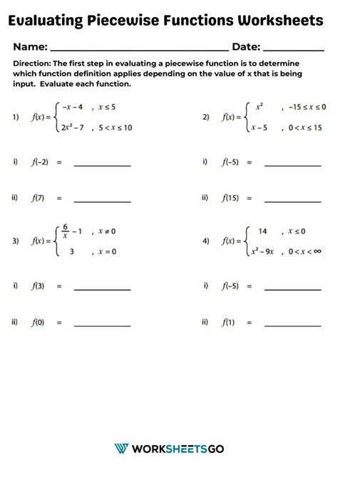 Evaluating Piecewise Functions Worksheets