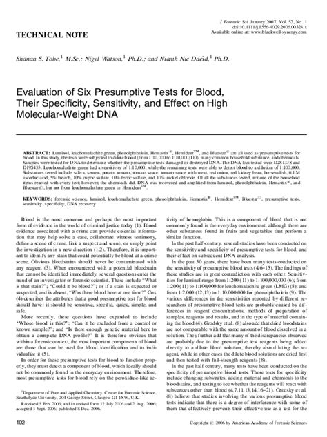 Evaluation of Six Presumptive Tests for Blood, Their …