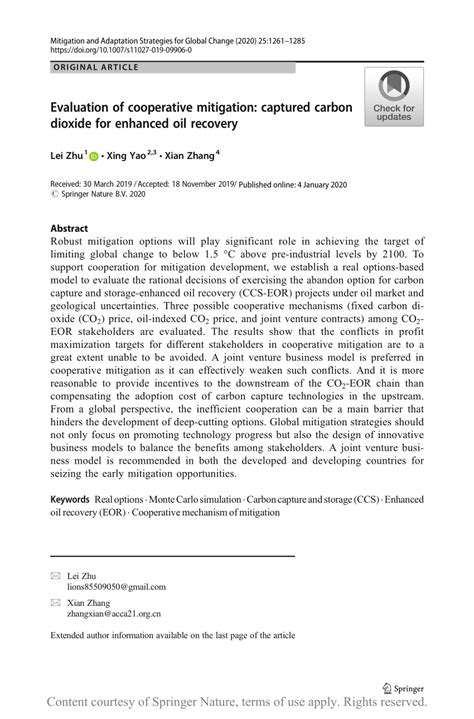 Evaluation of cooperative mitigation: captured carbon dioxide for ...