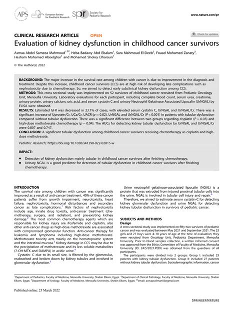 Evaluation of kidney dysfunction in childhood cancer survivors